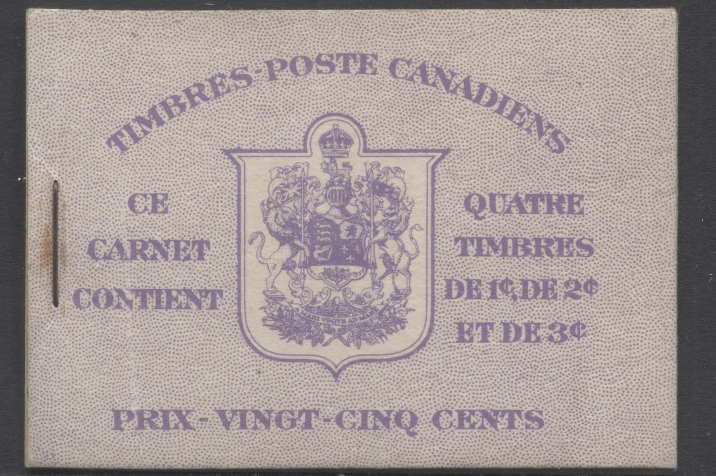 Lot 4 Canada #BK37cF 1942-1947 War Issue, A Complete 25c French Booklet With 1c Green, 2c Brown & 3c Dark Carmine, Panes Of 4+2 Labels. Front Cover IIq, Type 1B Cover, 6c Inverted Airmail Rate Page. 14mm Staple, 700,000 Issued