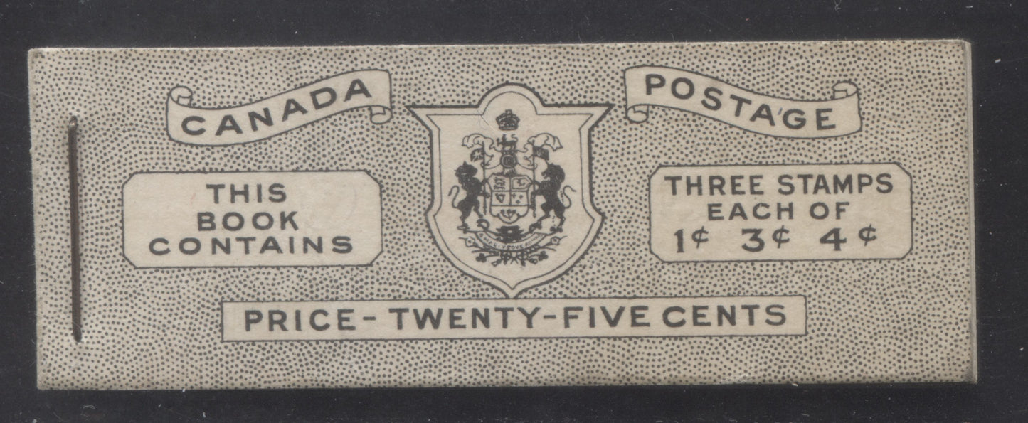 Lot 380 Canada #BK38b 1942-1947 War Issue, A Complete 25c English Booklet With 1c Green, 3c Rosy Purple & Carmine, Panes Of 3. Front Cover IVa, Back Cover Haiii, Type II Cover, 7c & 5c Rates, 'Postmaster', 5,464,000 Issued, CBN-BBBBBB Paper