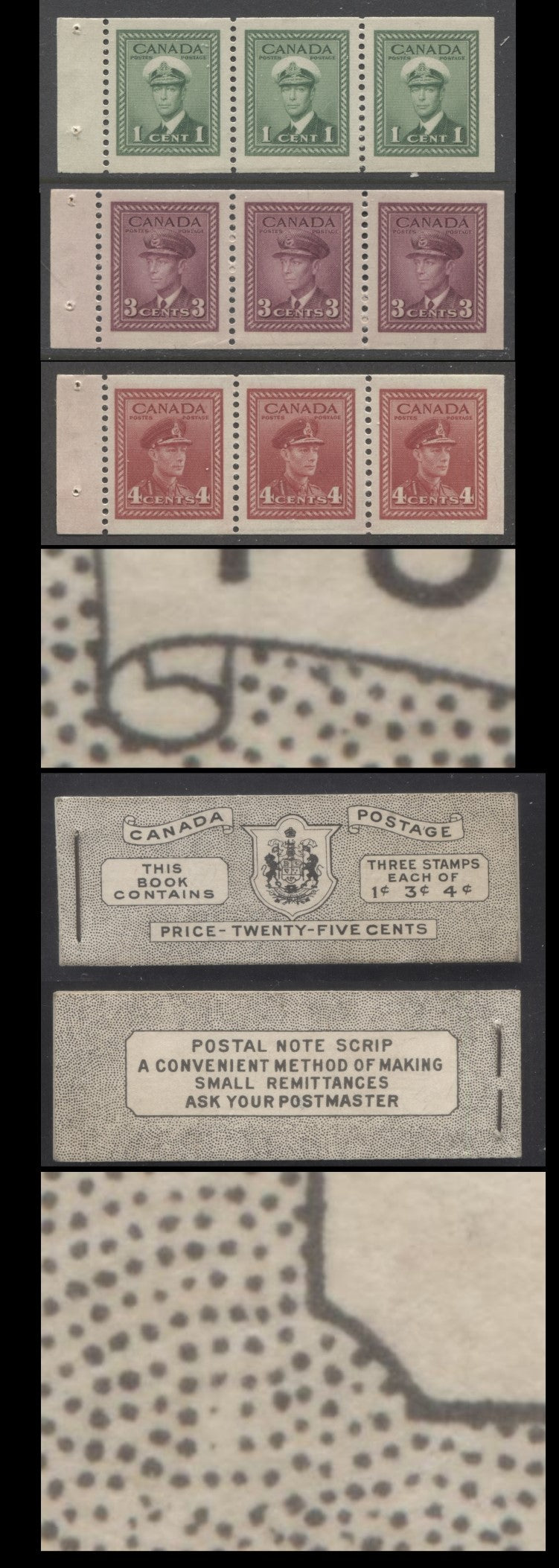 Lot 380 Canada #BK38b 1942-1947 War Issue, A Complete 25c English Booklet With 1c Green, 3c Rosy Purple & Carmine, Panes Of 3. Front Cover IVa, Back Cover Haiii, Type II Cover, 7c & 5c Rates, 'Postmaster', 5,464,000 Issued, CBN-BBBBBB Paper