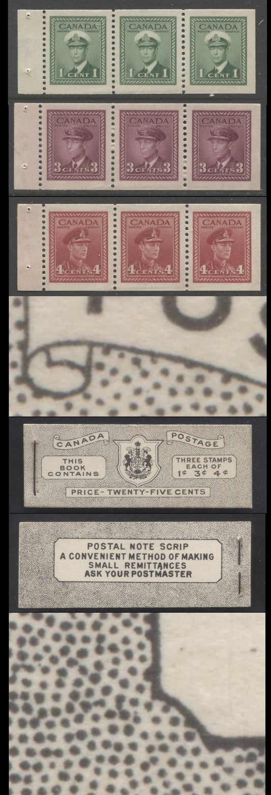 Canada #BK38bE 1942-1947 War Issue, A Complete 25c English Booklet With 1c Green, 3c Rose Violet & Dark Carmine, Panes Of 3. Front Cover IVa, Back Cover Haiv, Type II Cover, 7c & 5c Rates, 'Postmaster' , 5,464,000 Issued