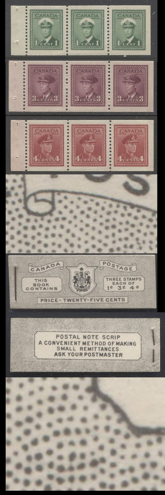 Canada #BK38bE 1942-1947 War Issue, A Complete 25c English Booklet With 1c Green, 3c Rose Violet & Dark Carmine, Panes Of 3. Front Cover IVc, Back Cover Hai, Type II Cover, 7c & 5c Rates, 'Postmaster' , 5,464,000 Issued