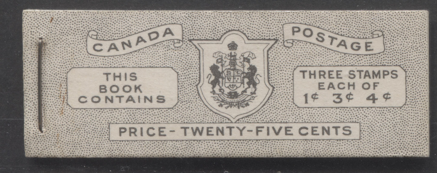 Lot 52 Canada #BK38bE 1942-1947 War Issue, A Complete 25c English Booklet With 1c Green, 3c Rose Violet & Dark Carmine, Panes Of 3. Front Cover IVd, Back Cover Haiii, Type II Cover, 7c & 5c Rates, 'Postmaster' , 5,464,000 Issued