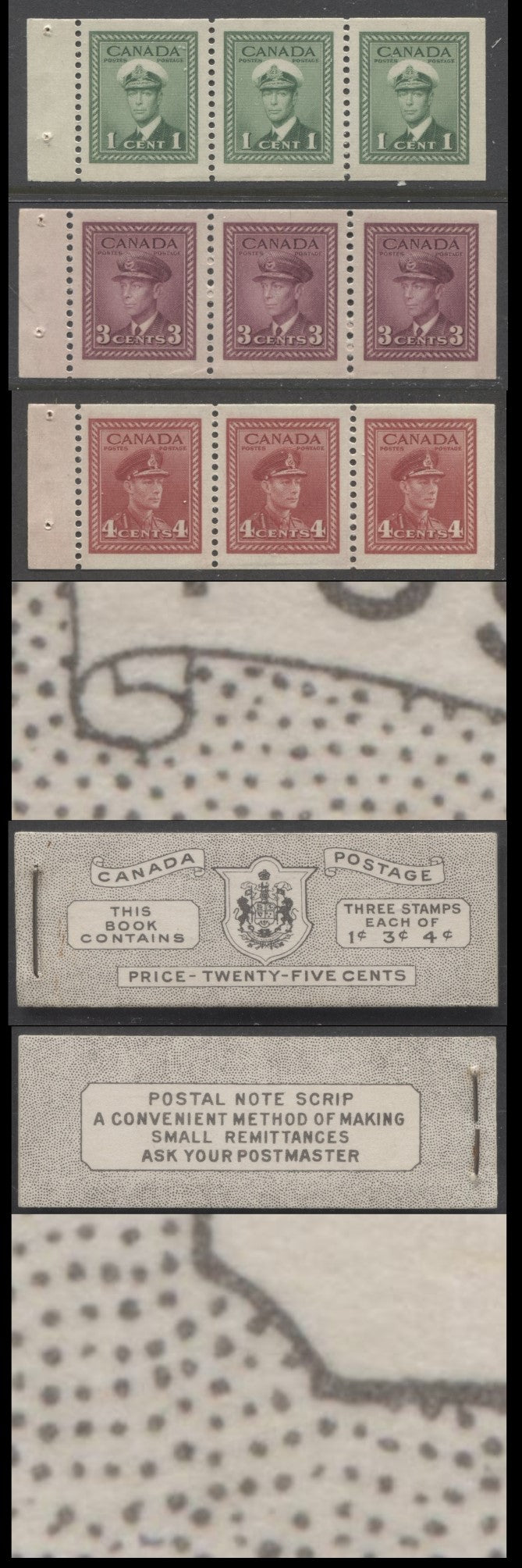 Lot 52 Canada #BK38bE 1942-1947 War Issue, A Complete 25c English Booklet With 1c Green, 3c Rose Violet & Dark Carmine, Panes Of 3. Front Cover IVd, Back Cover Haiii, Type II Cover, 7c & 5c Rates, 'Postmaster' , 5,464,000 Issued