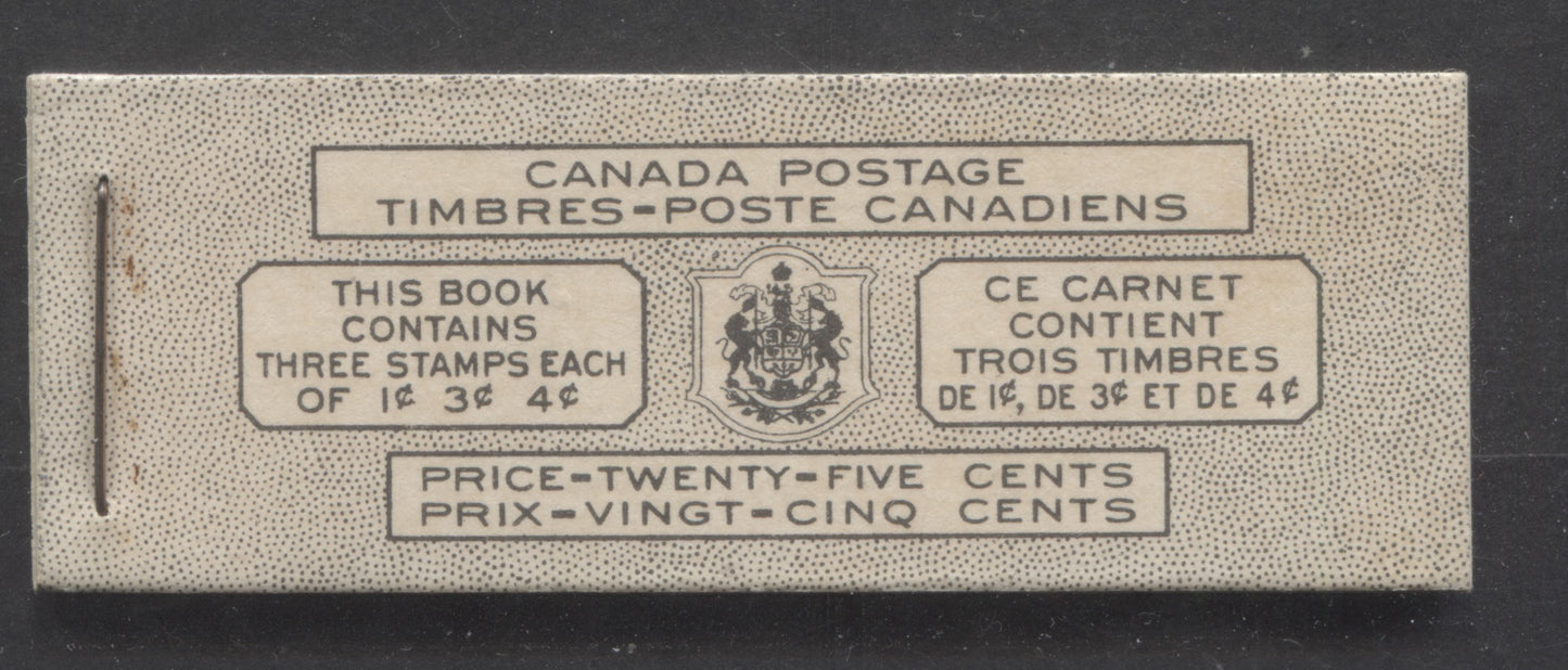 Lot 53 Canada #BK38bB 1942-1947 War Issue, A Complete 25c Bilingual Booklet With 1c Green, 3c Rose Violet & Dark Carmine, Panes Of 3. Front Cover VIh, Back Cover Kaxii, Type II Cover, 7c & 5c Rates, 'Postmaster' , 992,000 Issued