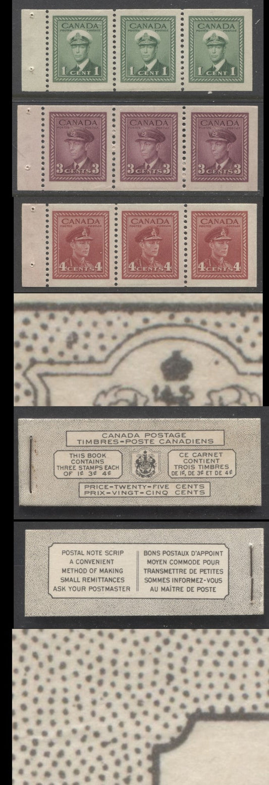 Lot 53 Canada #BK38bB 1942-1947 War Issue, A Complete 25c Bilingual Booklet With 1c Green, 3c Rose Violet & Dark Carmine, Panes Of 3. Front Cover VIh, Back Cover Kaxii, Type II Cover, 7c & 5c Rates, 'Postmaster' , 992,000 Issued