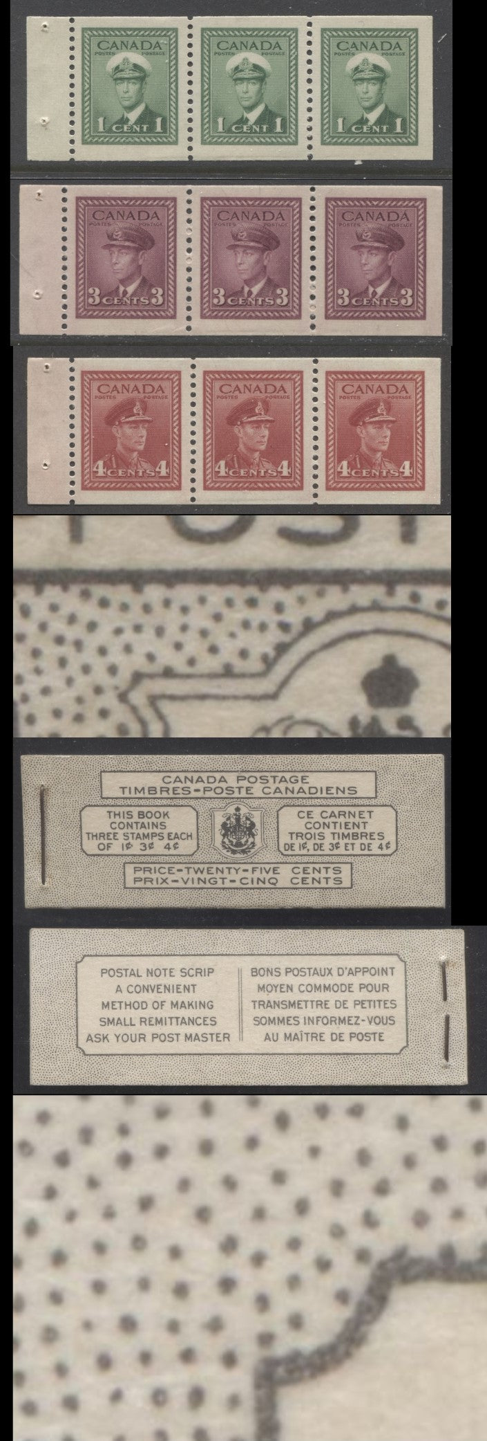 Lot 57 Canada #BK38dB ( BK38eBMcCann) 1942-1947 War Issue, A Complete 25c Bilingual Booklet With 1c Green, 3c Rose Violet & Dark Carmine, Panes Of 3. Front Cover VIj, Back Cover Kbx, Type IIa Cover, 7c & 6c Rates, 'Post Master', 992,000 Issued