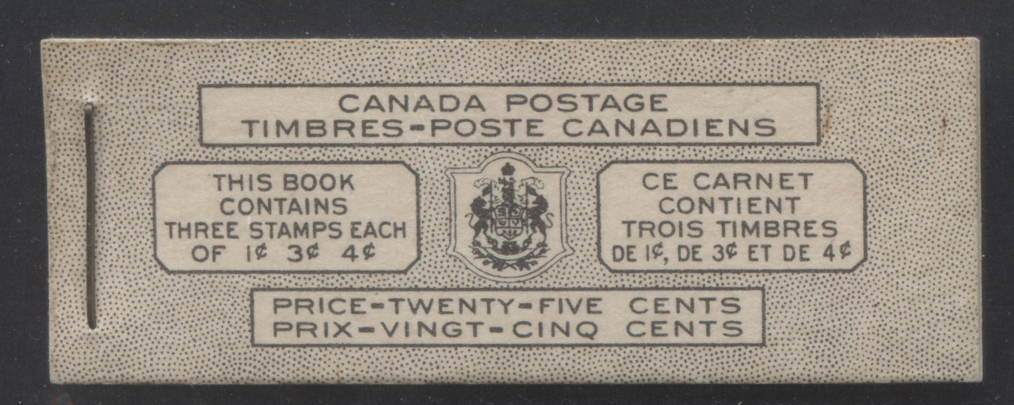 Lot 58 Canada #BK38dB ( BK38eBMcCann) 1942-1947 War Issue, A Complete 25c Bilingual Booklet With 1c Green, 3c Rose Violet & Dark Carmine, Panes Of 3. Front Cover VIk, Back Cover Kbxv, Type IIa Cover, 7c & 6c Rates, 'Post Master', 992,000 Issued