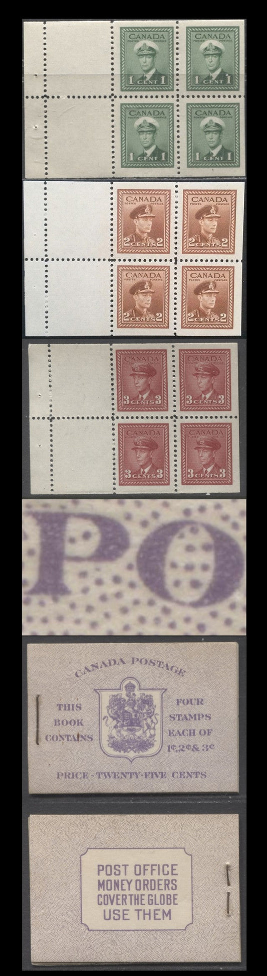 Lot 345 Canada #BK37e 1942-1947 War Issue, A Complete 25c English Booklet With 1c Green, 2c Brown & 3c Dark Carmine, Panes Of 4+2 Labels. Front Cover IIg, Type 1A Cover, 6c Surcharged Airmail Rate Page, 102,000 Issued, CBN-ZZZZZ Paper