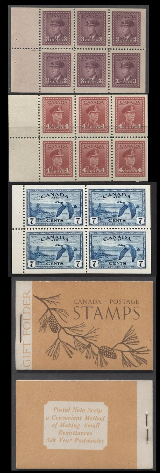 Lot 60 Canada #BK39aE 1942-1947 War Issue, A Complete $1 English Booklet With 3c Rose Violet & 4c Dark Carmine Panes Of 4 & 2 Panes Of 4 Of 7c blue. Combination Gift Booklet, 17mm Staple, English Text, 404,500 Issued