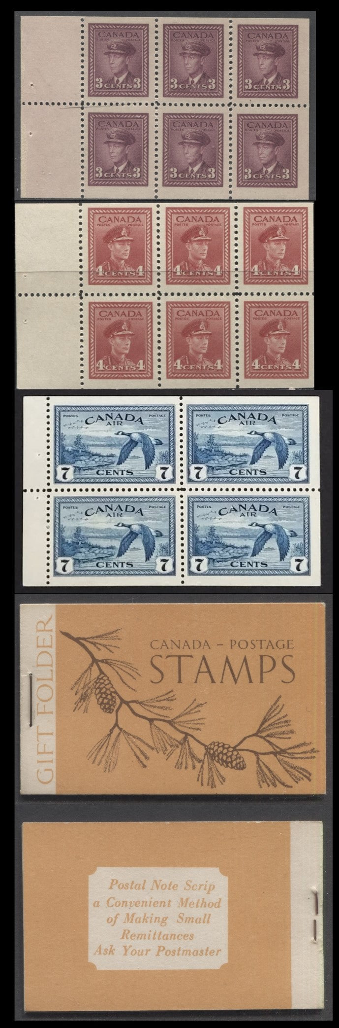 Lot 61 Canada #BK39bE (McCann) 1942-1947 War Issue, A Complete $1 English Booklet With 3c Rose Violet & 4c Dark Carmine Panes Of 4 & 2 Panes Of 4 Of 7c blue. Combination Gift Booklet, 14mm Staple, English Text, 404,500 Issued