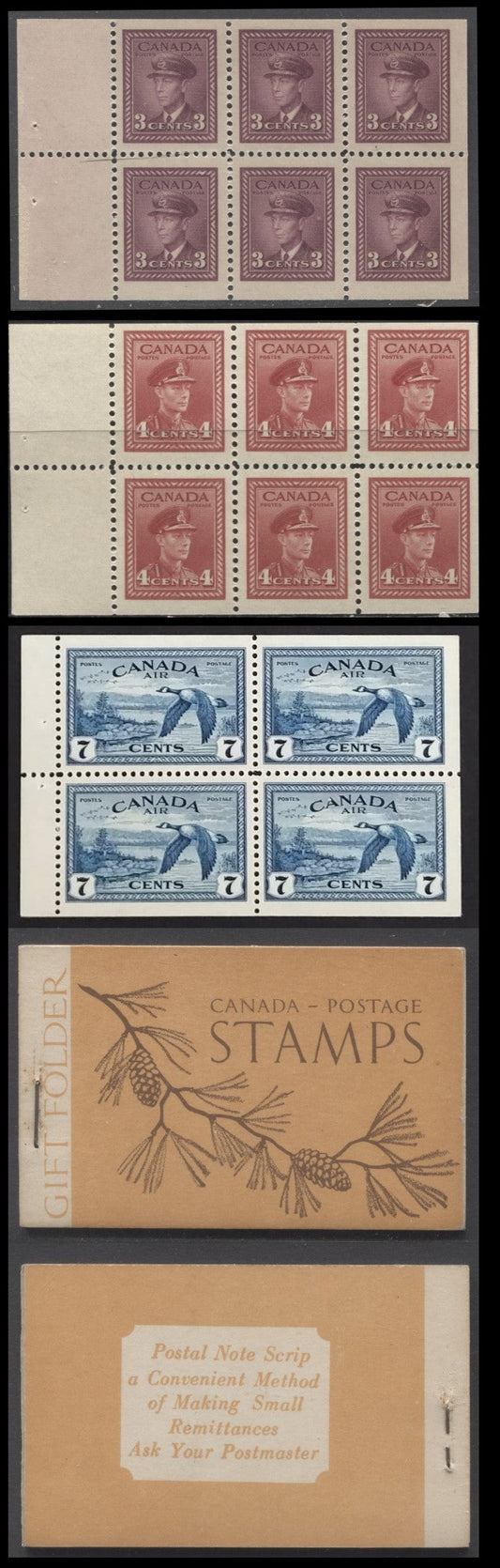 Lot 63 Canada #BK39cE (McCann) 1942-1947 War Issue, A Complete $1 English Booklet With 3c Rose Violet & 4c Dark Carmine Panes Of 4 & 2 Panes Of 4 Of 7c blue. Combination Gift Booklet, 12mm Staple, English Text, 404,500 Issued