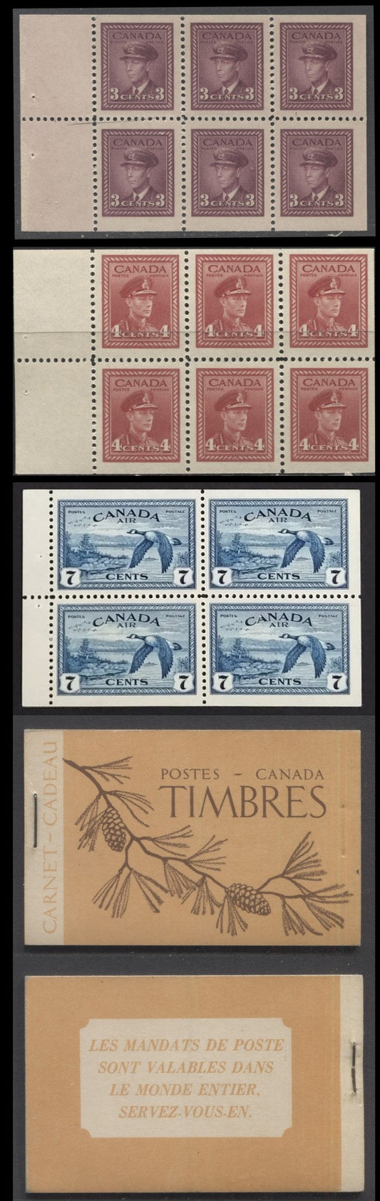 Lot 64 Canada #BK39cF (McCann) 1942-1947 War Issue, A Complete $1 French Booklet With 3c Rose Violet & 4c Dark Carmine Panes Of 4 & 2 Panes Of 4 Of 7c blue. Combination Gift Booklet, 12mm Staple, French Text, 100,000 Issued