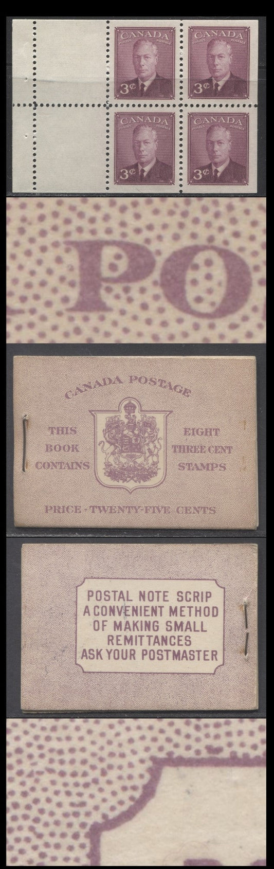 Lot 65 Canada #BK40aE 1949-1951 KGVI Issue, A Complete 25c English Booklet With 3c Rose Violet, 2 Panes Of 4+2 Labels. Front Cover IIe, Back Cover Cai, Type I Cover, 7c & 5c Rates, 'Postmaster', 825,000 Issued