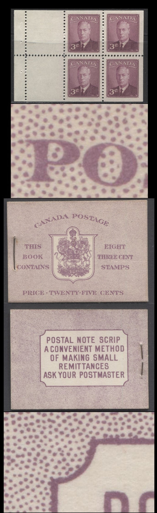 Lot 66 Canada #BK40aE 1949-1951 KGVI Issue, A Complete 25c English Booklet With 3c Rose Violet, 2 Panes Of 4+2 Labels. Front Cover IIe, Back Cover Caiii, Type I Cover, 7c & 5c Rates, 'Postmaster', 825,000 Issued