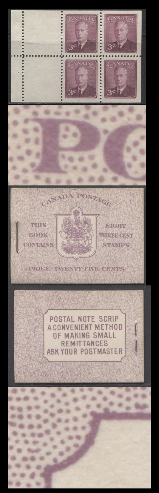 Lot 67 Canada #BK40aE 1949-1951 KGVI Issue, A Complete 25c English Booklet With 3c Rose Violet, 2 Panes Of 4+2 Labels. Front Cover IIf, Back Cover Cai, Type I Cover, 7c & 5c Rates, 'Postmaster', 825,000 Issued