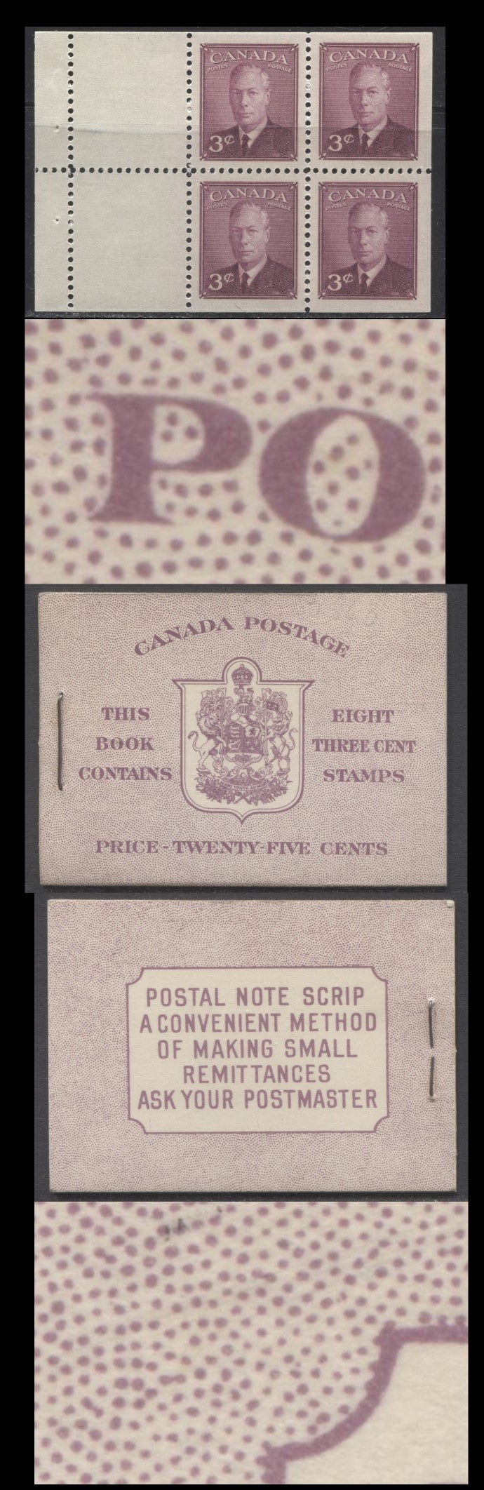 Lot 69 Canada #BK40aE 1949-1951 KGVI Issue, A Complete 25c English Booklet With 3c Rose Violet, 2 Panes Of 4+2 Labels. Front Cover IIf, Back Cover Caiii, Type I Cover, 7c & 5c Rates, 'Postmaster', 825,000 Issued