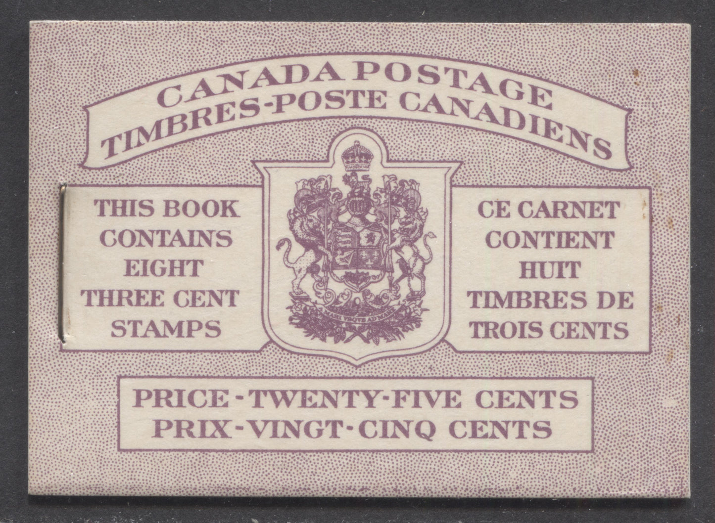 Lot 73 Canada #BK40aB 1949-1951 KGVI Issue, A Complete 25c Bilingual Booklet With 3c Rose Violet, 2 Panes Of 4+2 Labels. Front Cover IIId, back Cover Faii, Type I Cover, 7c & 5c Rates, 'Postmaster', 202,000 Issued