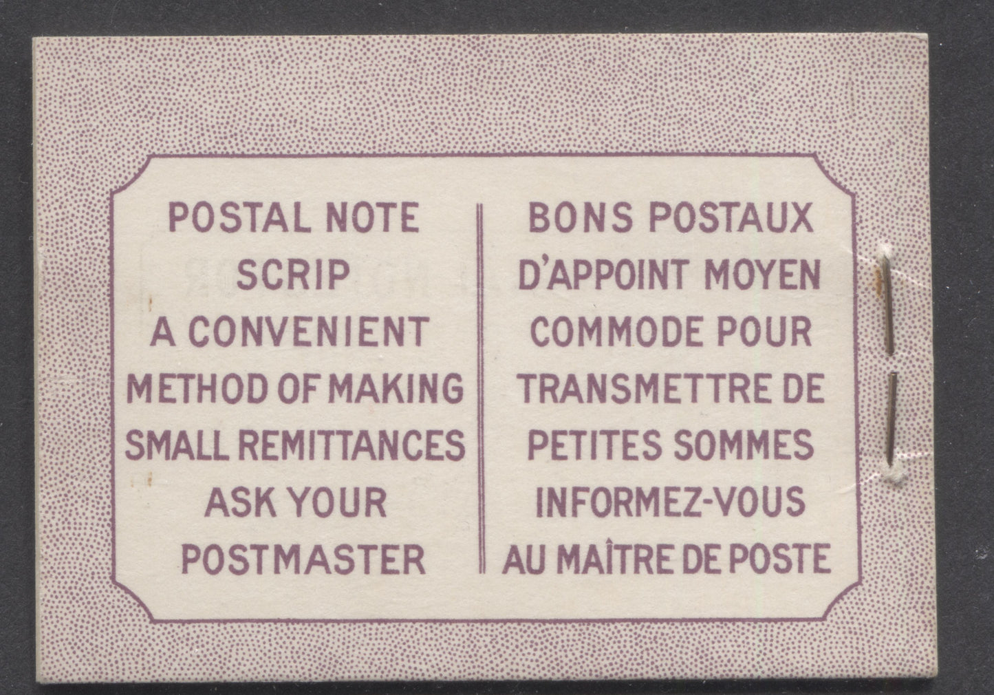 Lot 73 Canada #BK40aB 1949-1951 KGVI Issue, A Complete 25c Bilingual Booklet With 3c Rose Violet, 2 Panes Of 4+2 Labels. Front Cover IIId, back Cover Faii, Type I Cover, 7c & 5c Rates, 'Postmaster', 202,000 Issued