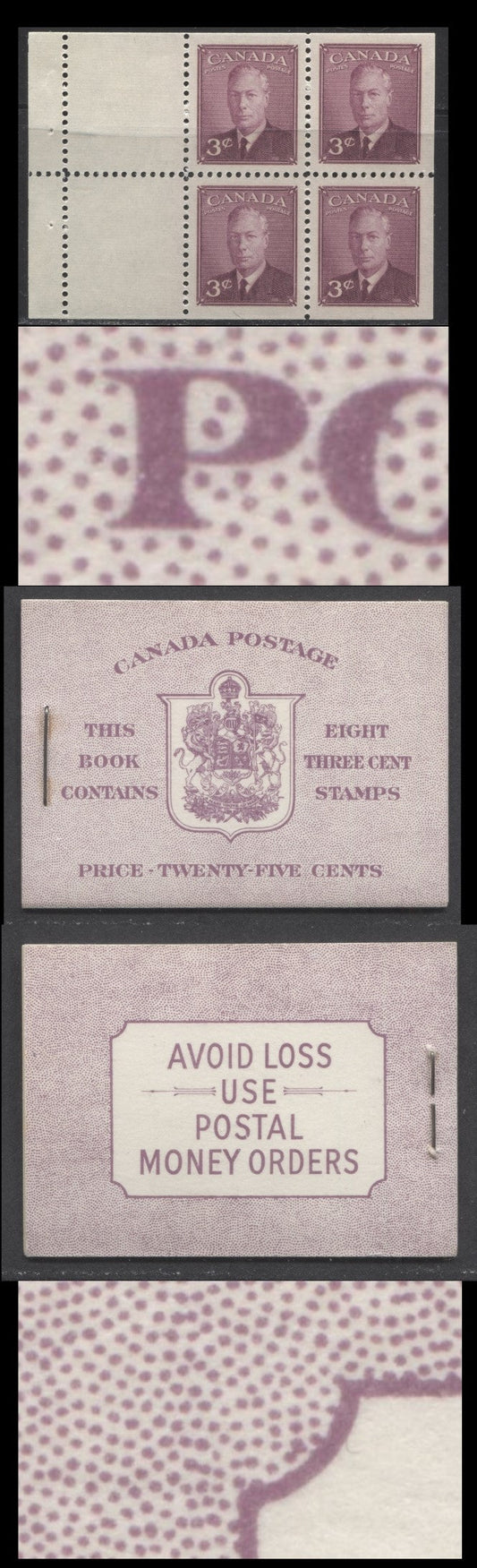 Canada #BK40bEIIeEii 1949-1951 KGVI Issue, A Complete 25c English Booklet With 3c Rose Violet, 2 Panes Of 4+2 Labels. Front Cover IIe, Back Cover Eii, Type II Cover, No Rate Page, 825,000 Issued