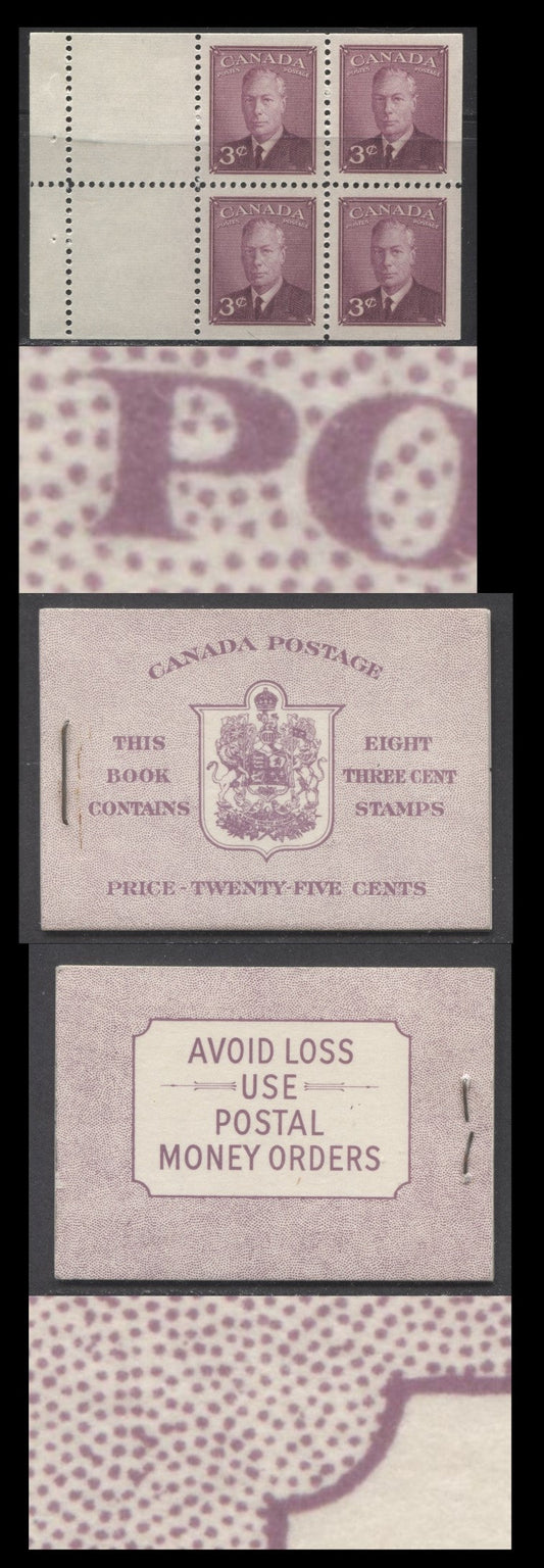 Lot 81 Canada #BK40bE 1949-1951 KGVI Issue, A Complete 25c English Booklet With 3c Rose Violet, 2 Panes Of 4+2 Labels. Front Cover IIf, Back Cover Eiii, Type II Cover, No Rate Page, 825,000 Issued