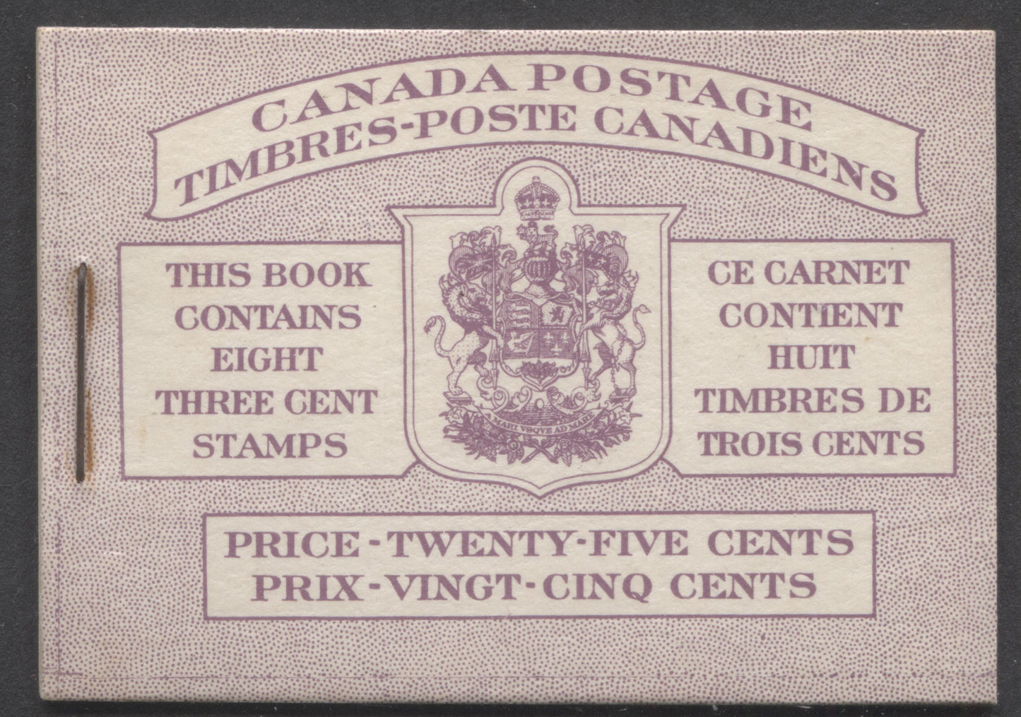 Lot 84 Canada #BK40bB 1949-1951 KGVI Issue, A Complete 25c Bilingual Booklet With 3c Rose Violet, 2 Panes Of 4+2 Labels. Front Cover IIIc, Back Cover Gi, Type II Cover, No Rate Page, Showing Die Join The Bottom Front And Top Back Covers,