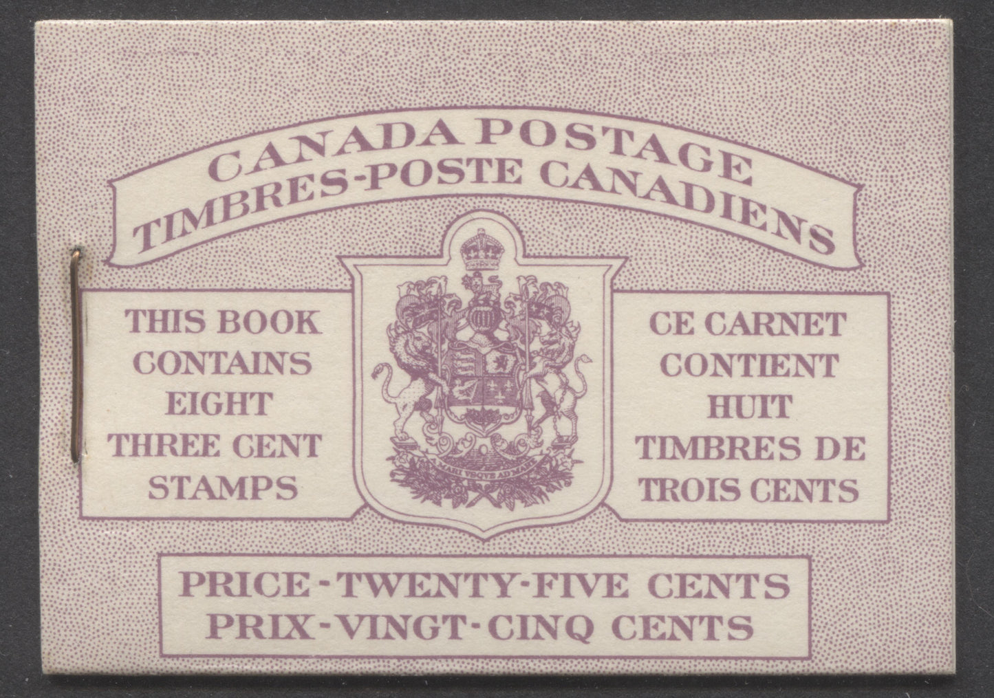 Canada #BK40bBIIIdGi 1949-1951 KGVI Issue, A Complete 25c Bilingual Booklet With 3c Rose Violet, 2 Panes Of 4+2 Labels. Front Cover IIId, Back Cover Gi, Type II Cover, No Rate Page, Showing Die Join At Top Front Cover