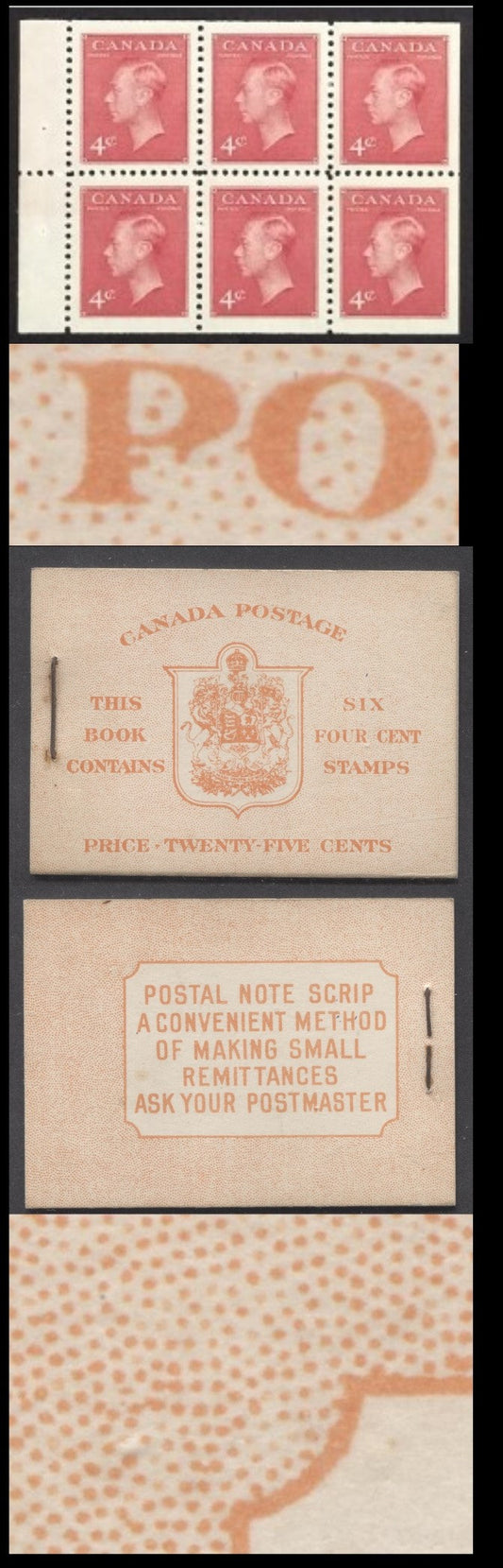 Lot 87 Canada #BK41aE 1949-1951 KGVI Issue, A Complete 25c English Booklet With 4c Dark Carmine, Pane Of 6. Front Cover IIi, Back Cover Cai, Type I Cover, 7c & 5c Rates, 'Postmaster', 450,000 Issued