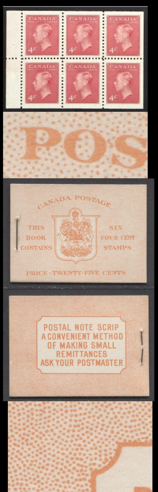 Lot 88 Canada #BK41aE 1949-1951 KGVI Issue, A Complete 25c English Booklet With 4c Dark Carmine, Pane Of 6. Front Cover IIi, Back Cover Caii, Type I Cover, 7c & 5c Rates, 'Postmaster', 450,000 Issued