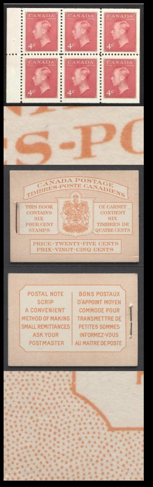 Lot 90 Canada #BK41aB 1949-1951 KGVI Issue, A Complete 25c Bilingual Booklet With 4c Dark Carmine, Pane Of 6. Front Cover IIIe, back Cover Faii, Type I Cover, 7c & 5c Rates, 'Postmaster' , 1,203,000 Issued