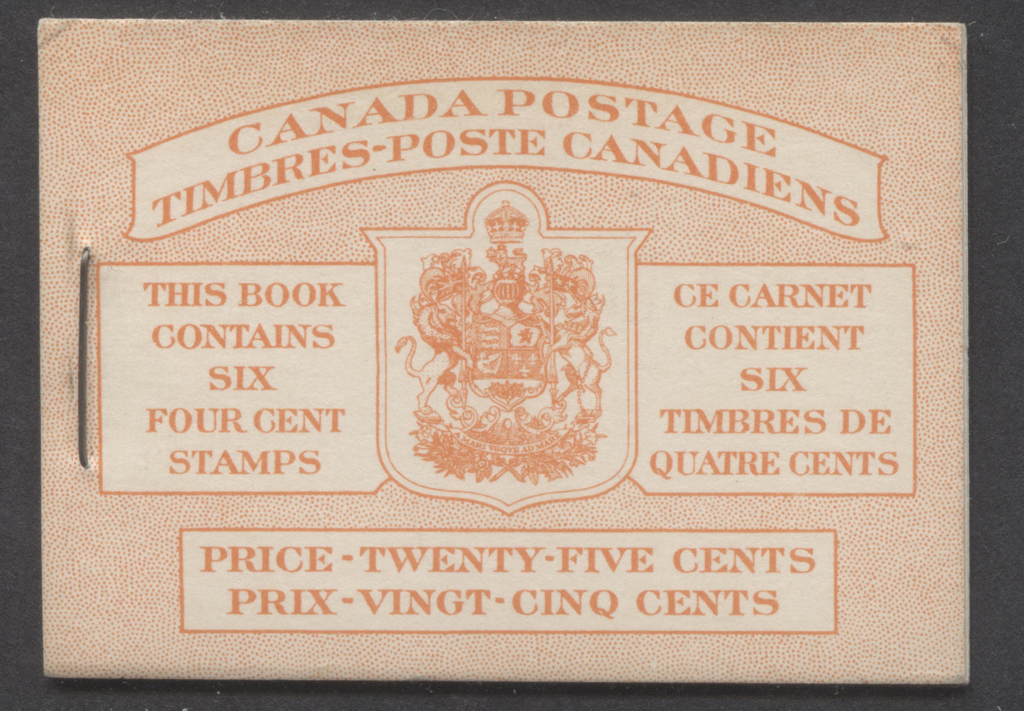 Lot 91 Canada #BK41aB 1949-1951 KGVI Issue, A Complete 25c Bilingual Booklet With 4c Dark Carmine, Pane Of 6. Front Cover IIIf, back Cover Faii, Type I Cover, 7c & 5c Rates, 'Postmaster' , 1,203,000 Issued