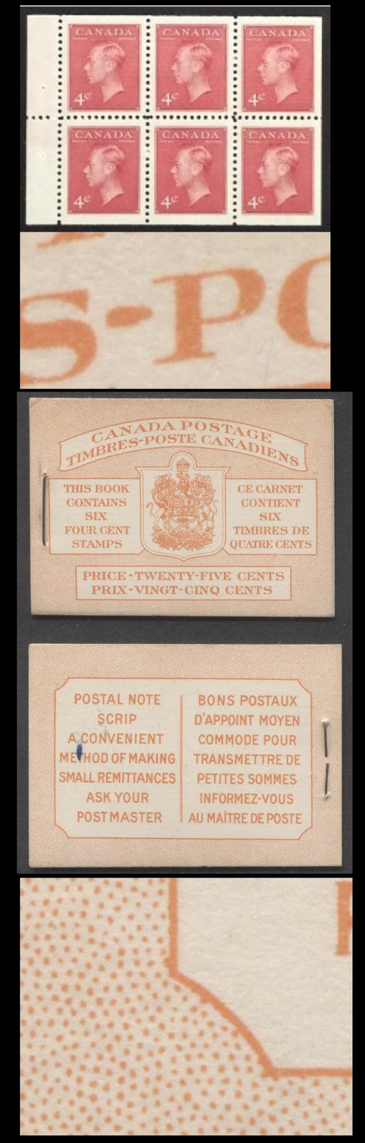 Lot 91 Canada #BK41aB 1949-1951 KGVI Issue, A Complete 25c Bilingual Booklet With 4c Dark Carmine, Pane Of 6. Front Cover IIIf, back Cover Faii, Type I Cover, 7c & 5c Rates, 'Postmaster' , 1,203,000 Issued