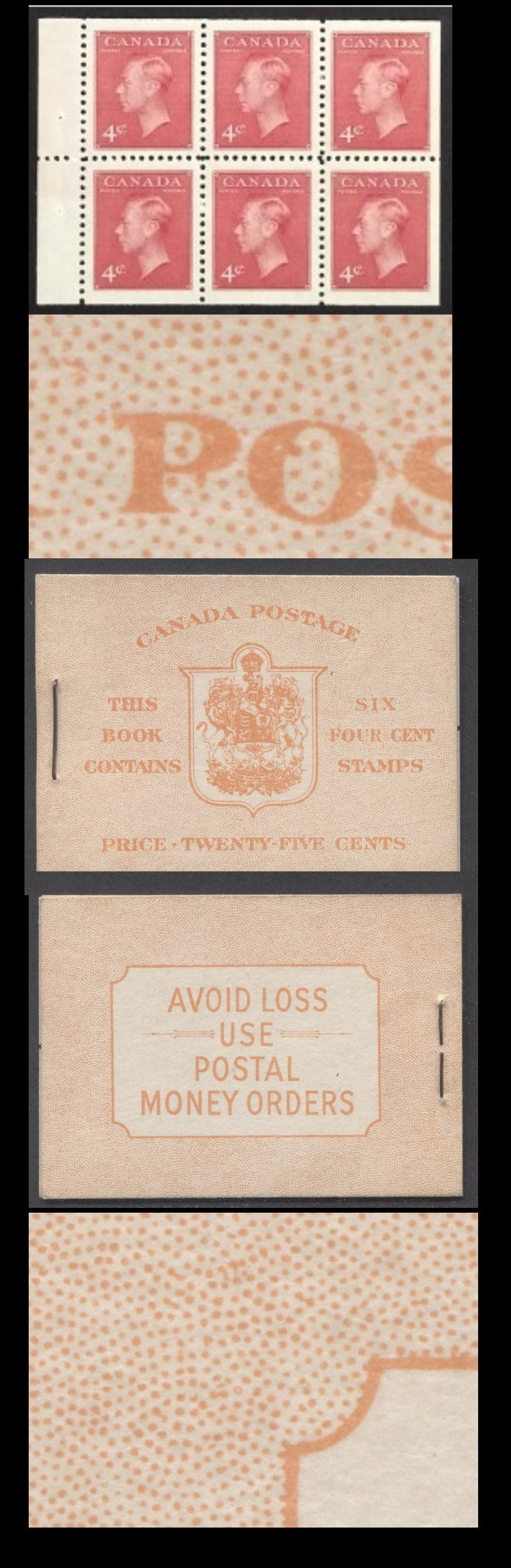 Lot 93 Canada #BK41bE 1949-1951 KGVI Issue, A Complete 25c English Booklet With 4c Dark Carmine, Pane Of 6. Front Cover IIi, Back Cover Eiii, Type II Cover, No Rate Page, 450,000 Issued