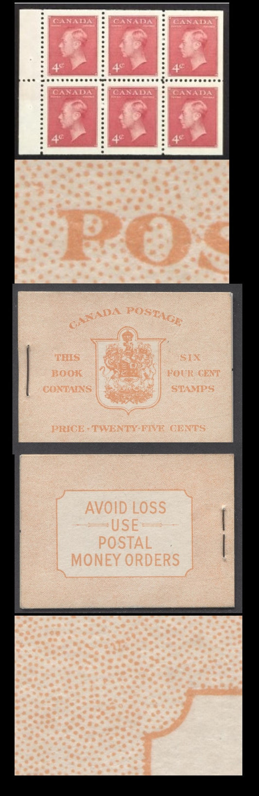 Lot 93 Canada #BK41bE 1949-1951 KGVI Issue, A Complete 25c English Booklet With 4c Dark Carmine, Pane Of 6. Front Cover IIi, Back Cover Eiii, Type II Cover, No Rate Page, 450,000 Issued