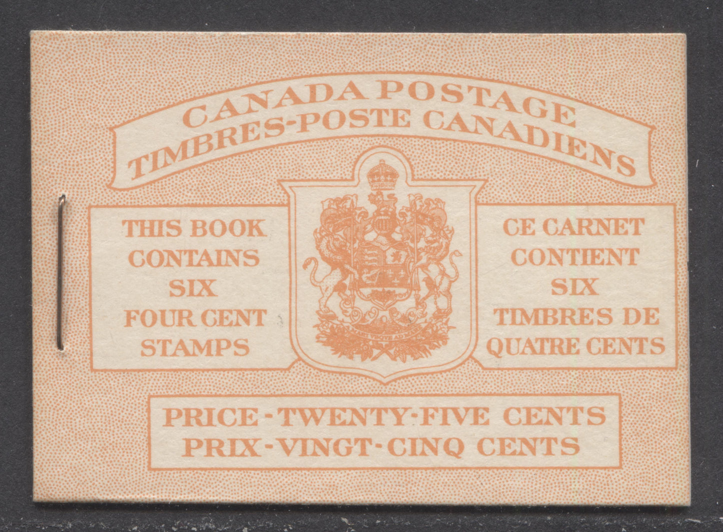Lot 94 Canada #BK41bB 1949-1951 KGVI Issue, A Complete 25c Bilingual Booklet With 4c Dark Carmine, Pane Of 6. Front Cover IIIe, Back Cover Gi, Type II Cover, No Rate Page, 1,203,000 Issued