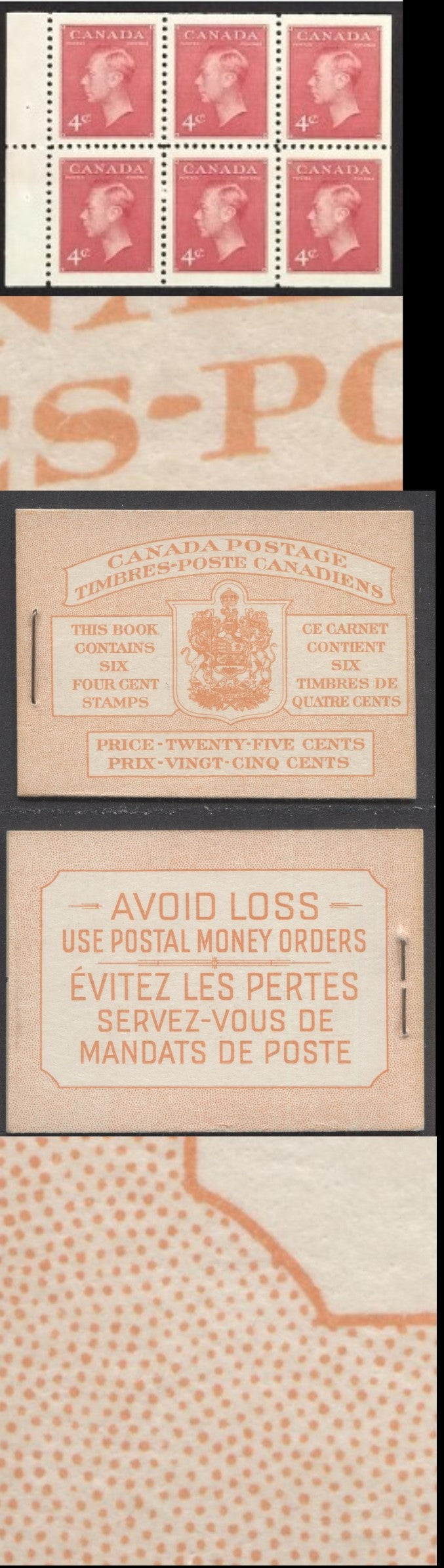 Lot 94 Canada #BK41bB 1949-1951 KGVI Issue, A Complete 25c Bilingual Booklet With 4c Dark Carmine, Pane Of 6. Front Cover IIIe, Back Cover Gi, Type II Cover, No Rate Page, 1,203,000 Issued