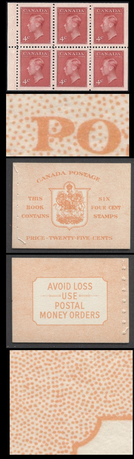 Lot 98 Canada #BK41cE 1949-1951 KGVI Issue, A Complete 25c English Booklet With 4c Dark Carmine, Pane Of 6. Front Cover IIi, Back Cover Eii, Type II Stitched Cover, No Rate Page, 250,000 Issued