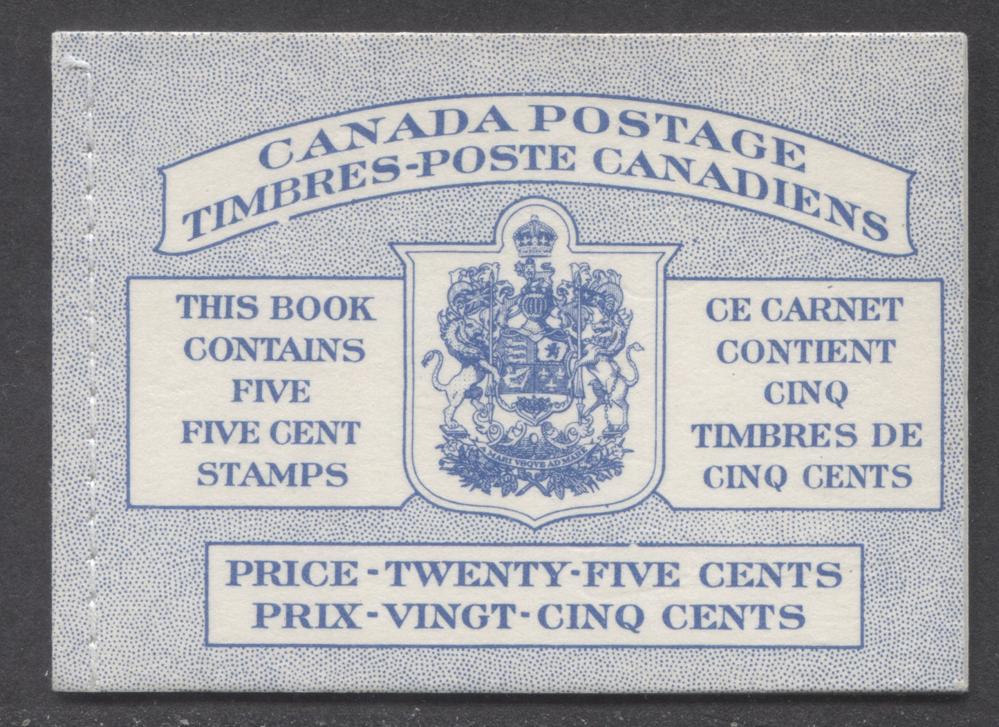 Canada #BK48bB 1954 Wildlife Issue, A Complete 25c Bilungual Booklet Made Up Of 5c Blue, One Pane Of 5+Label, Stitched Cover, Two Frame Breaks, Below B Of Timbres & Above 'V' Of Five, Horizontal Wove Paper