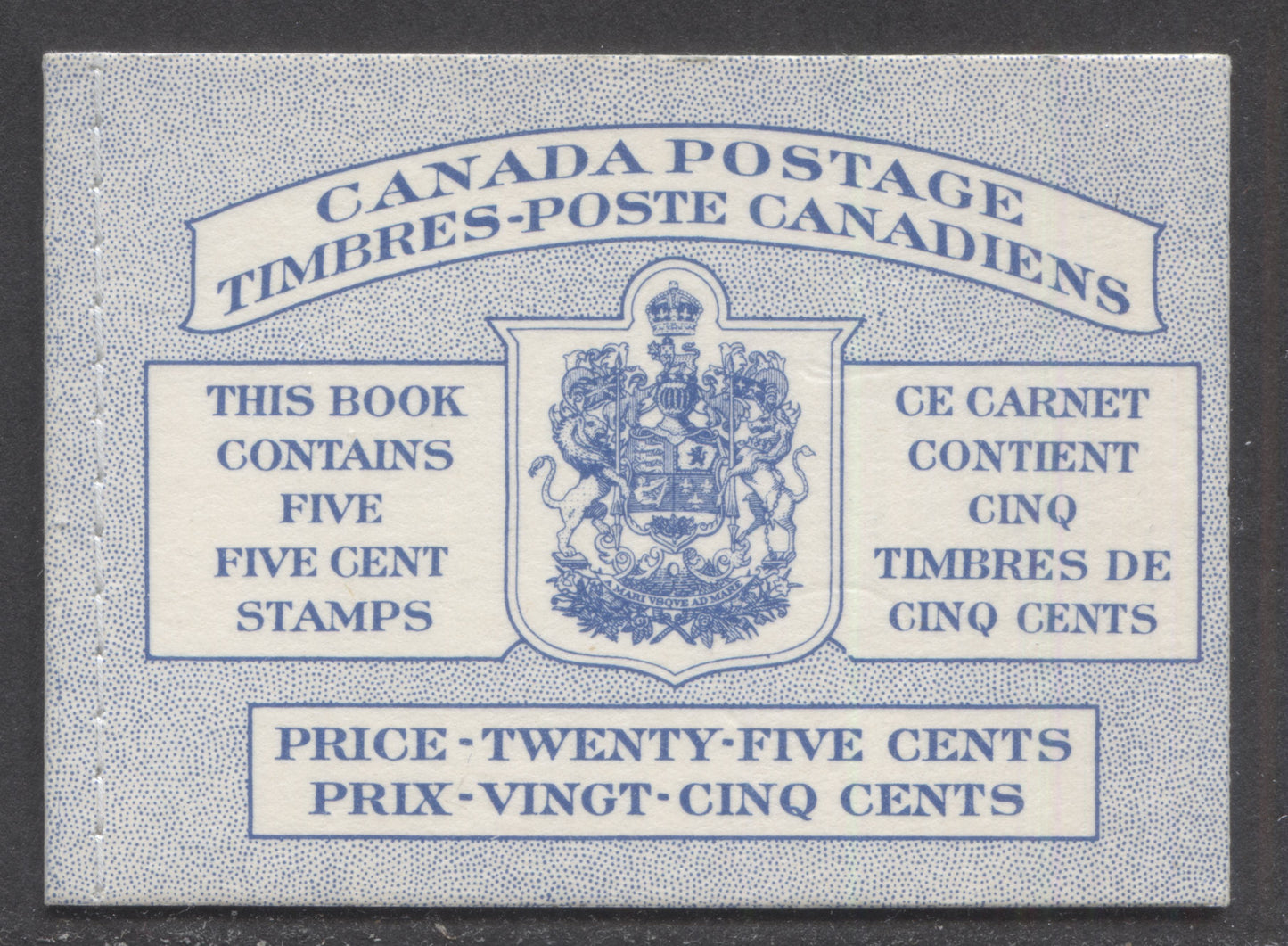 Canada #BK48bB 1954 Wildlife Issue, A Complete 25c Bilungual Booklet Made Up Of 5c Blue, One Pane Of 5+Label, Stitched Cover, Dot To UR Of Shield, Dot On Inner Frameline Of Shield & Break In Text Box, Horizontal Ribbed Paper