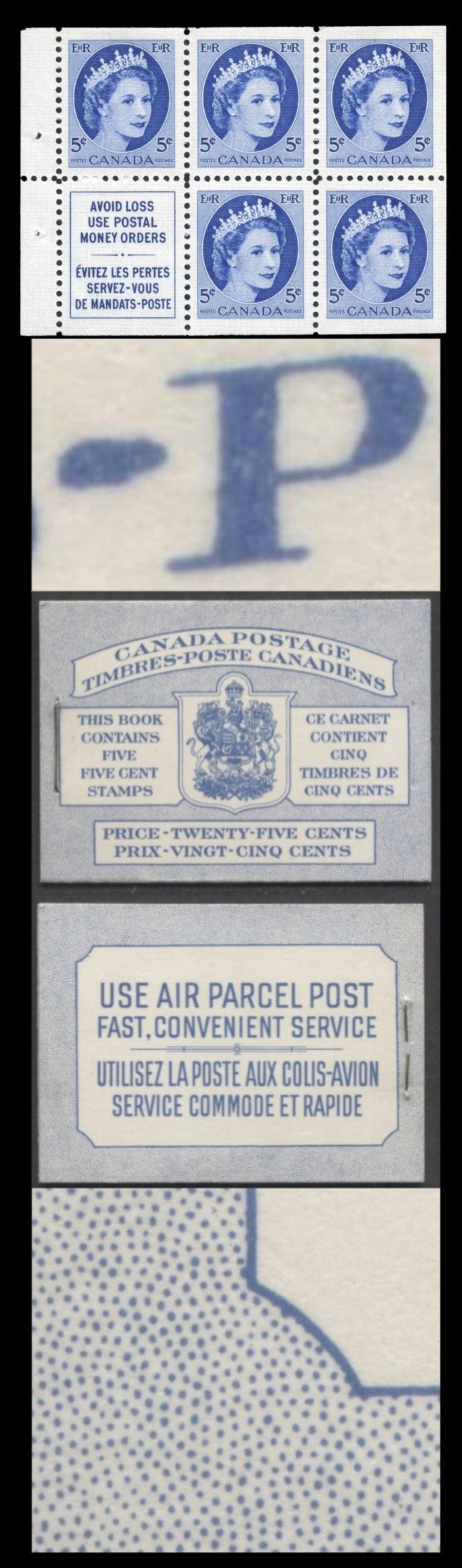 Canada #BK49B 1954 Wildlife Issue, A Complete 25c Bilungual Booklet Made Up Of 5c Blue, One Pane Of 5+Label, Front cover IIiq, Back Cover Mii, 16mm Staple, Type I Cover, Horizontal Ribbed Paper