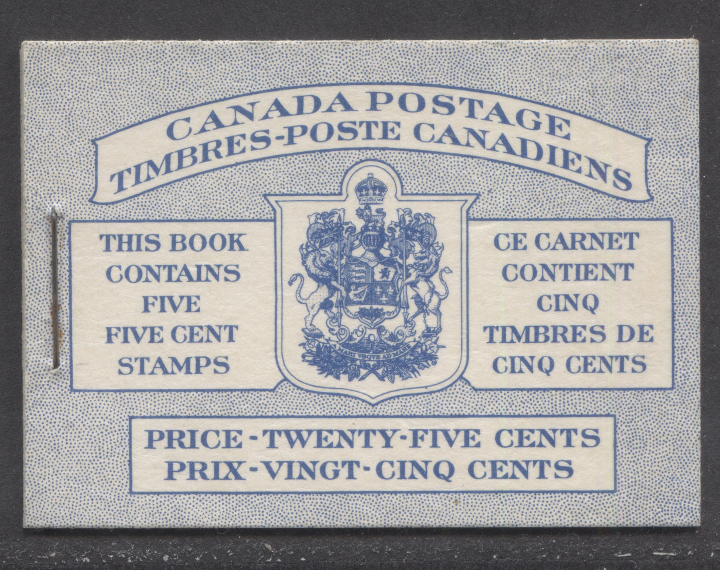 Canada #BK49B 1954 Wildlife Issue, A Complete 25c Bilungual Booklet With 5c Blue, One Pane Of 5+Label, Front cover IIIh, Back Cover Mi, Type I Cover, Horizontal Ribbed Paper, Dot To UR Of Shield, Inside Frameline Of Shield & Notch In Text Box