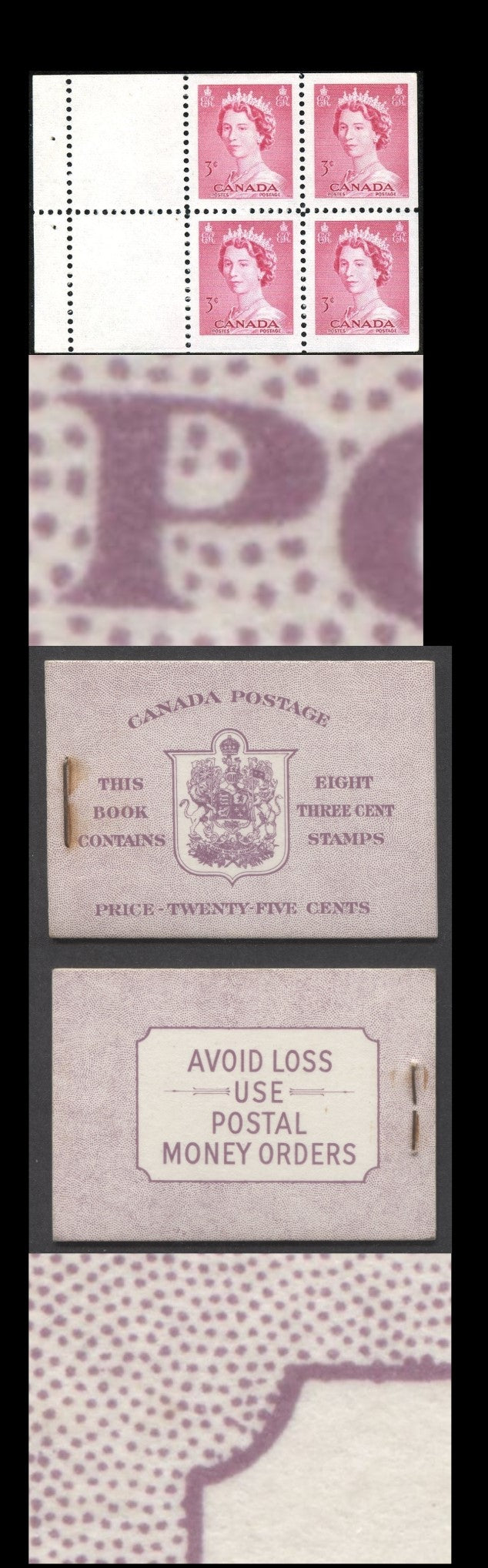 Canada #BK46EIIfEiv 1953-1954 Karsh Issue, Complete 25¢ English Booklet, Horizontal Ribbed Paper, Type II Covers, Harris Front Cover IIf, Back Cover Type Eiv, No Rate Page