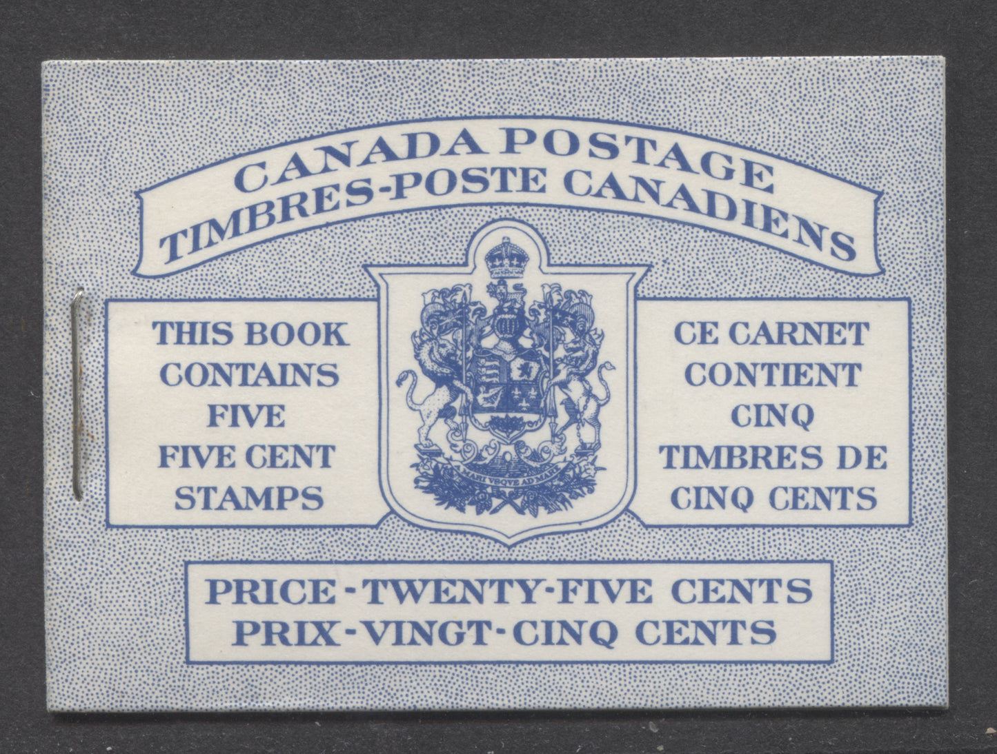 Canada #BK49B 1954 Wildlife Issue, A Complete 25c Bilungual Booklet Made Up Of 5c Blue, One Pane Of 5+Label, Front cover IIIh, Back Cover Mi, Type I Cover, Horizontal Ribbed Paper, 16mm Staple, Die Joins At Top & Right Side Of Back Cover