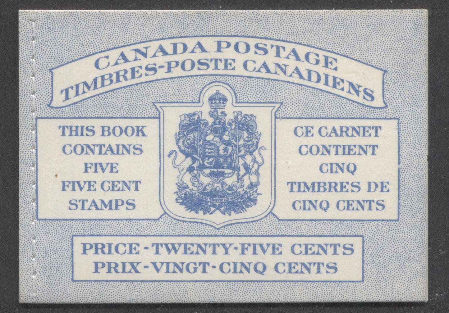 Canada #BK49B 1954 Wilding Issue, A Complete 25c Bilingual Booklet Made Up Of 5c Blue, One Pane Of 5+Label, Front Cover IIIg, Back Cover Mi, Type I Cover, Horizontal Ribbed Paper, Stitched Cover