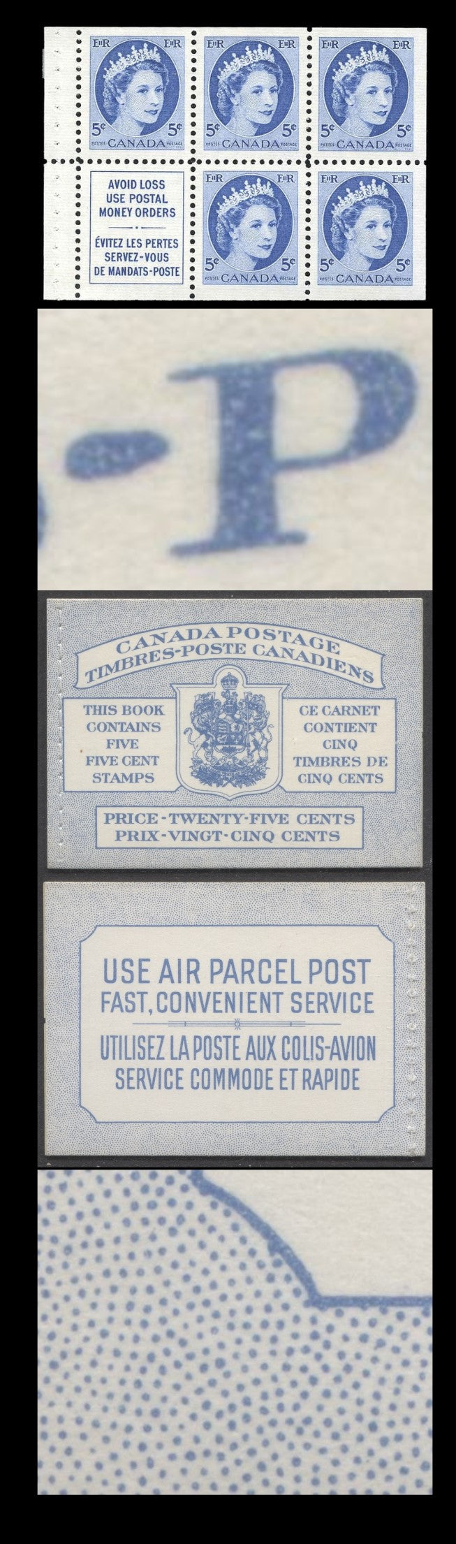 Canada #BK49B 1954 Wilding Issue, A Complete 25c Bilingual Booklet Made Up Of 5c Blue, One Pane Of 5+Label, Front Cover IIIg, Back Cover Mi, Type I Cover, Horizontal Ribbed Paper, Stitched Cover