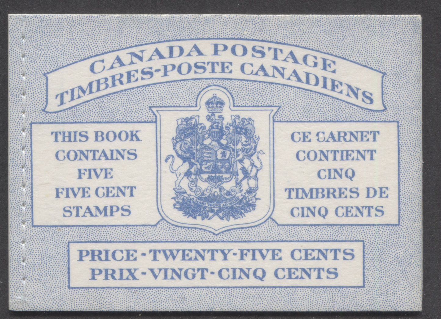 Canada #BK49B 1954 Wilding Issue, A Complete 25c Bilingual Booklet Made Up Of 5c Blue, One Pane Of 5+Label, Front Cover IIIg, Back Cover Mii, Type I Cover, Horizontal Ribbed Paper, Stitched Cover