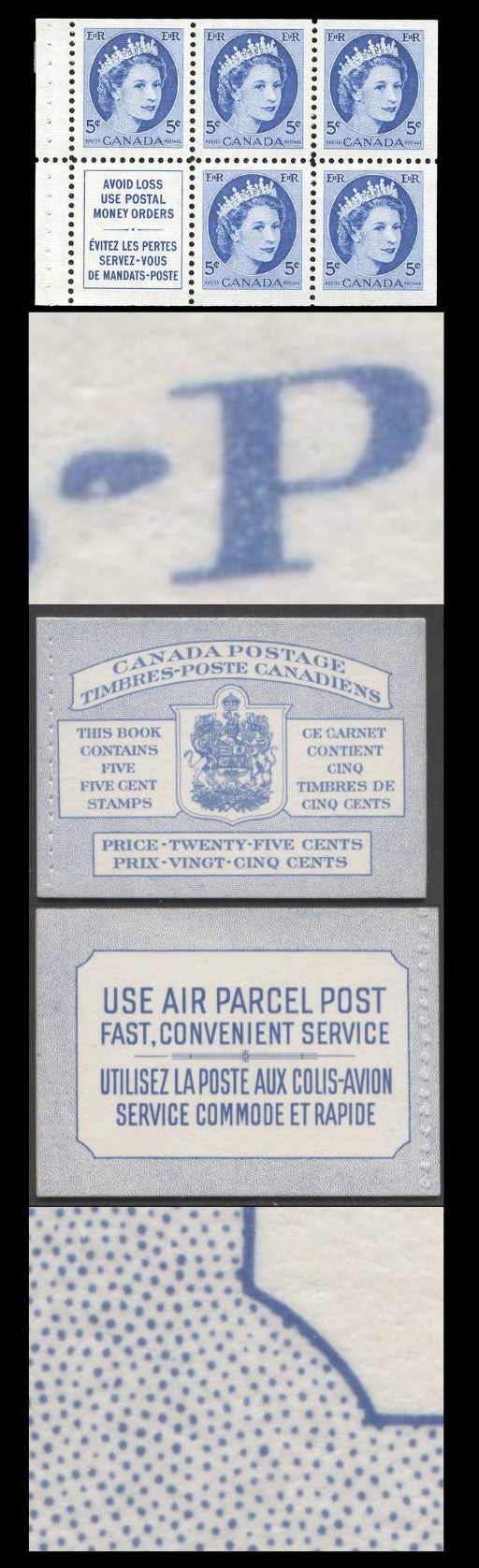 Canada #BK49B 1954 Wilding Issue, A Complete 25c Bilingual Booklet Made Up Of 5c Blue, One Pane Of 5+Label, Front Cover IIIg, Back Cover Mii, Type I Cover, Horizontal Ribbed Paper, Stitched Cover