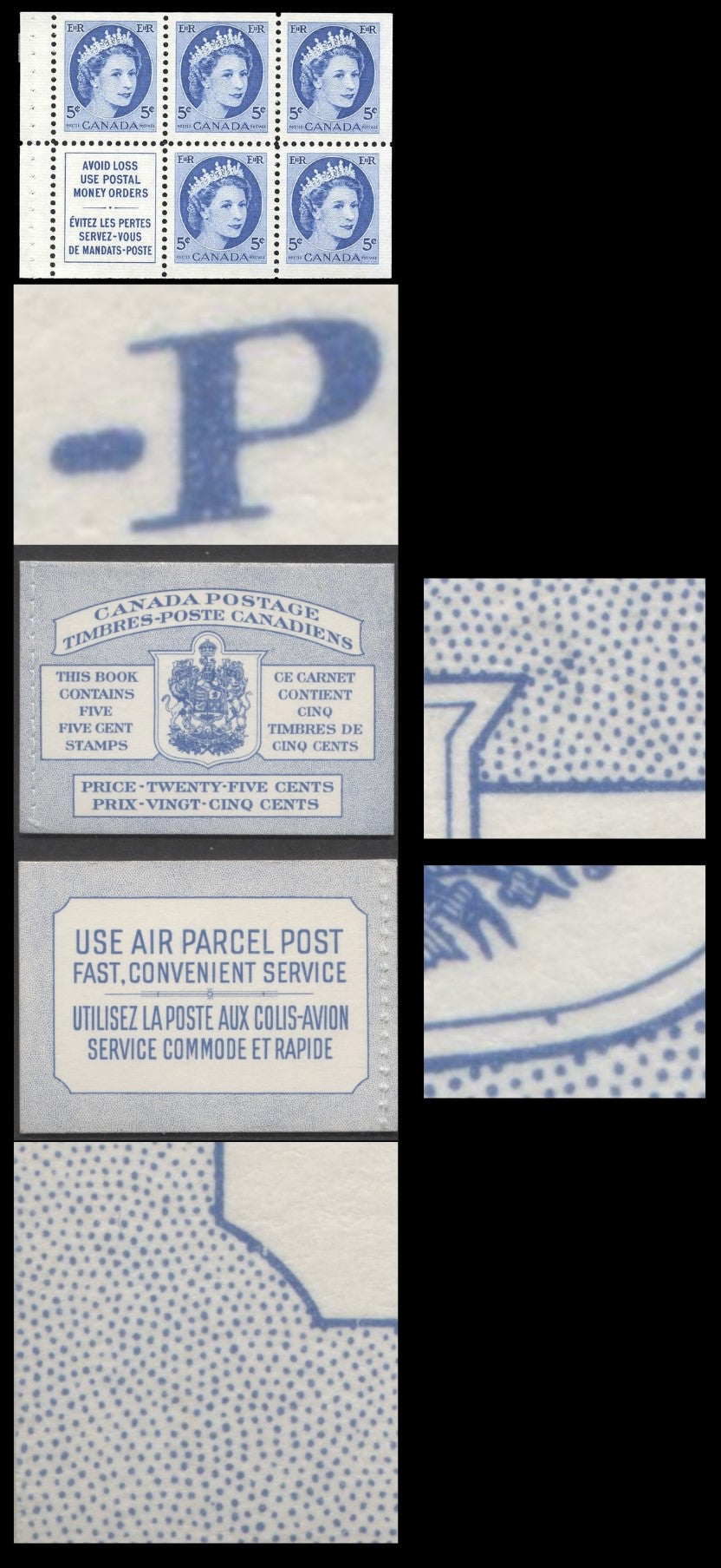 Canada #BK49B 1954 Wilding Issue, A Complete 25c Bilingual Booklet Made Up Of 5c Blue, One Pane Of 5+Label, Front Cover IIIh, Back Cover Mii, Type I Cover, Horizontal Ribbed Paper, Stitched Cover, With Dot Varieties