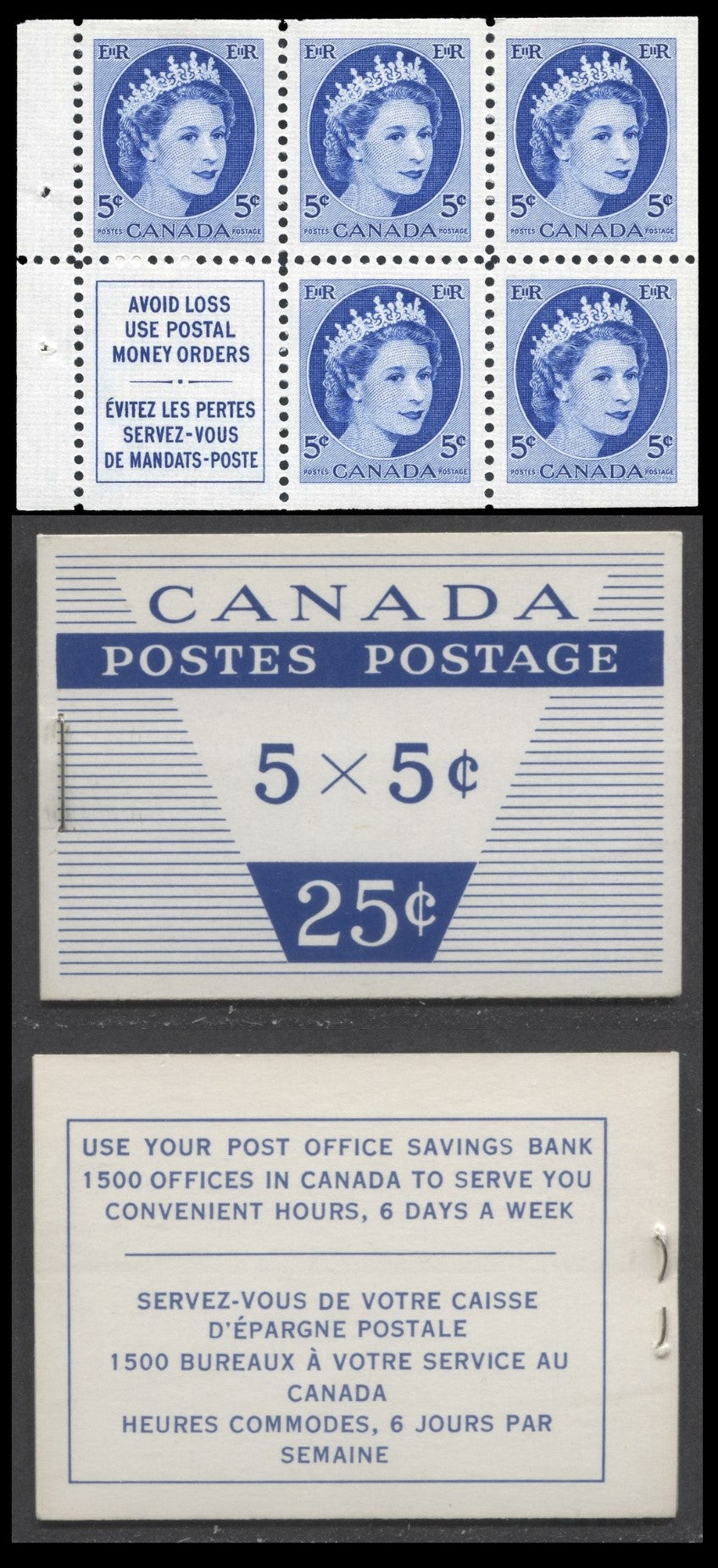 Canada #BK49mvar 1954 Wilding Issue, A Complete 25c Bilingual Booklet Made Up Of 5c Blue, One Pane Of 5+Label, Type II Cover With DF Smooth Paper, 12mm Staple, Back Cover Is DF With Very Sparce LF Fibers