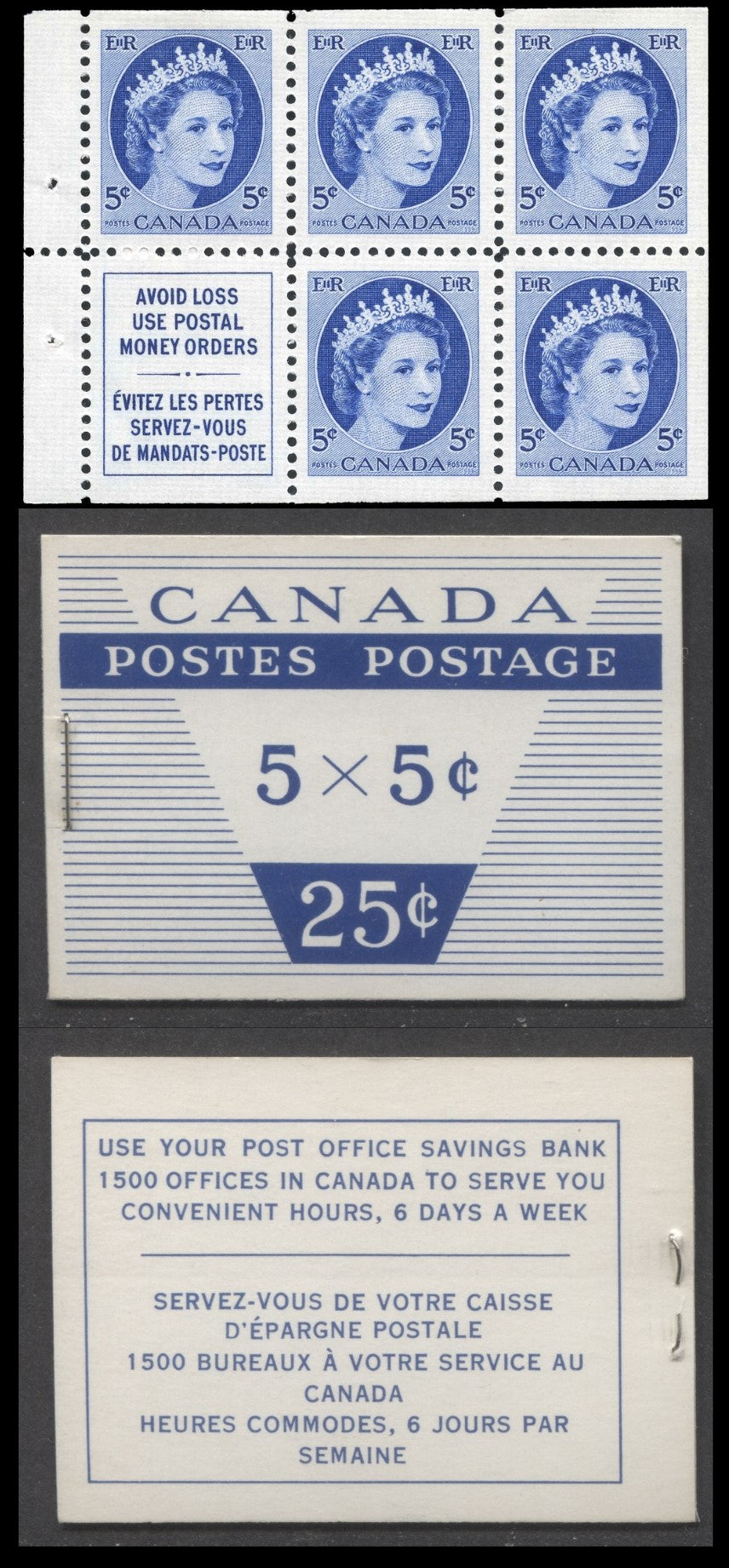 Canada #BK49m 1954 Wilding Issue, A Complete 25c Bilingual Booklet Made Up Of 5c Blue, One Pane Of 5+Label, Type II Cover With DF Smooth Paper, 12mm Staple, Cutting Guideline On Pane, Back Cover Is DF-fl With Very Sparce LF Fibers