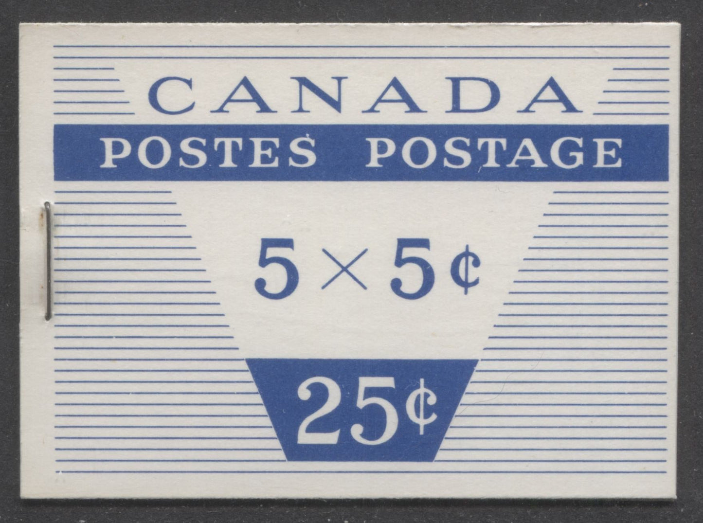 Canada #BK49mvar 1954 Wilding Issue, A Complete 25c Bilingual Booklet Made Up Of 5c Blue, One Pane Of 5+Label, Type II Cover With LF Smooth Paper, 12mm Staple